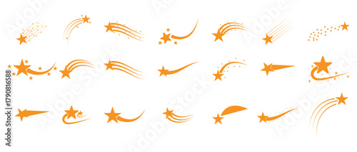 set of shooting star icon element on white background. flying star and sparkle star icon set, Shooting star icon.