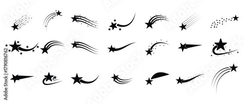 set of shooting star icon element on white background. flying star and sparkle star icon set, Shooting star icon.