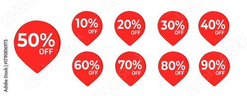 Red discount sale badges set with percentage labels 10% to 90% off tags