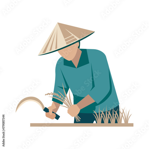 Rice Farmer Harvesting Crops Traditional Asian Agriculture Rice Paddy Field Rural Farming Crop Cultivation Sustainable