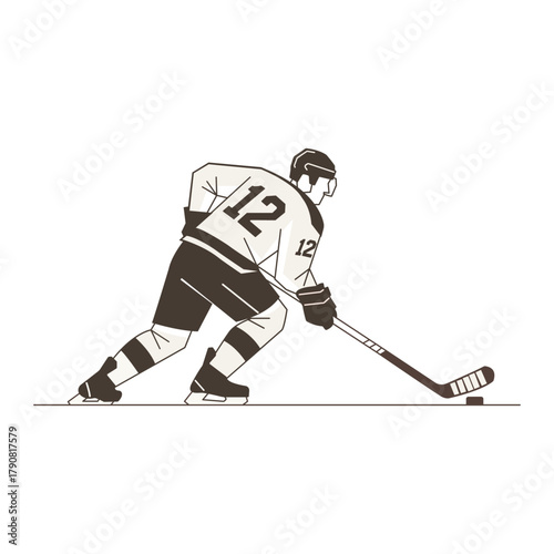 Hockey Player Illustration Ice Sport Action Game Athlete Minimalist Design Number 12 Jersey Stick Handling Puck Control