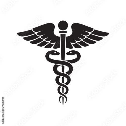 Winged Staff and Snakes Black and White Emblem