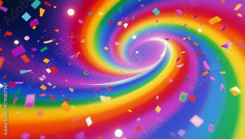 Colorful swirl of confetti with a rainbow in the center
