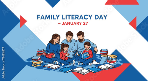 Family Literacy Day banner showing parents and children reading books together.