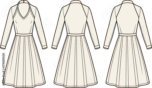 Elegant long sleeve A-line midi dress flat fashion sketch vector with V-neck design and fitted waist illustration