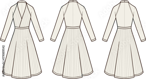 Elegant pleated long sleeve midi dress fashion flat sketch vector with V-neck wrap design and full skirt illustration