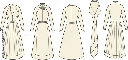Elegant women’s long sleeve A-line dress fashion flat sketch with high neck, tie collar and flared hem illustration