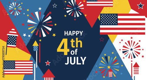 Patriotic Fourth of July Celebration with American Flags and Fireworks.