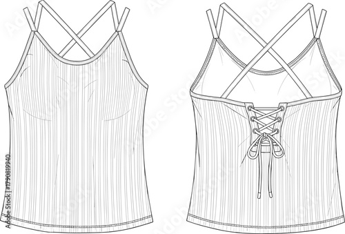 Women’s crisscross strap lace-up back sleeveless tank top vector fashion flat technical drawing front and back