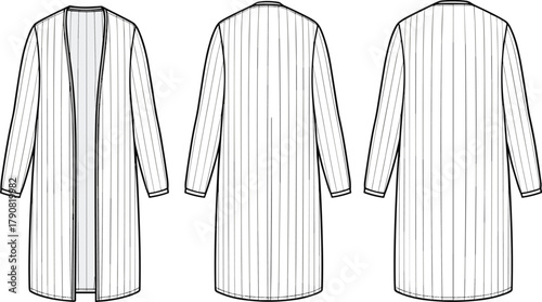 Women’s long open front striped cardigan coat fashion flat sketch with back and side view technical template vector