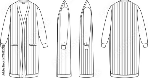 Women’s long striped open front cardigan coat technical flat sketch with pockets and cuffed sleeves fashion template