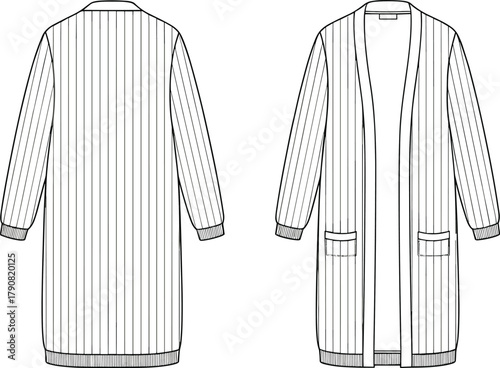 Women’s long striped open front cardigan with ribbed cuffs, pockets, and relaxed modern fashion flat sketch design