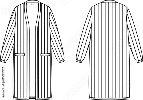 Women’s long striped open front cardigan flat sketch with long sleeves, pockets, and relaxed casual fashion design