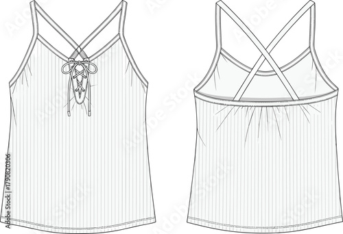 Women’s sleeveless lace-up front crisscross strap tank top vector fashion flat technical drawing front and back view