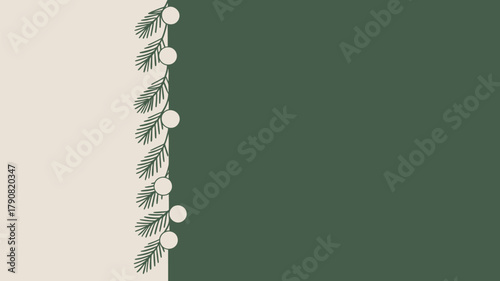 Simple christmas background with pine branch and white balls on a split color background design