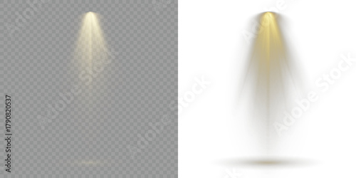 Reflections add depth to spotlight scenes on floor. Bright spotlights shine down, forming focused light circles. Stage spotlights emit strong white directional light beams. Row of spotlights. Scene.