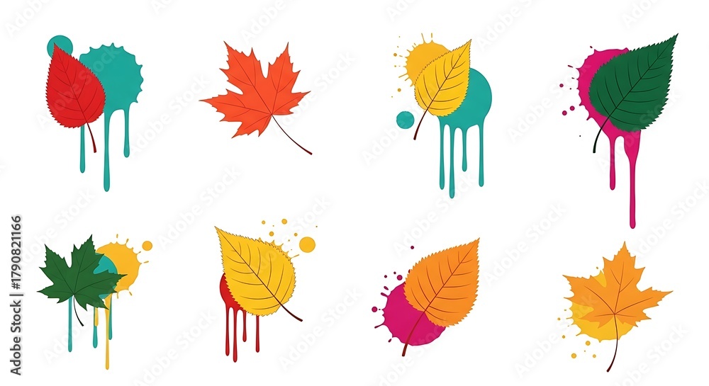 Obraz premium Colorful Autumn Leaves with Abstract Paint Drippings, Artistic Fall Foliage Illustrations for Creative Design Projects