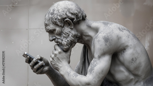 Thinker statue using smartphone highlights modern irony in traditional art context