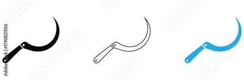 Sleek modern sickle icon designs in black outline and vibrant blue for agricultural or historical contexts
