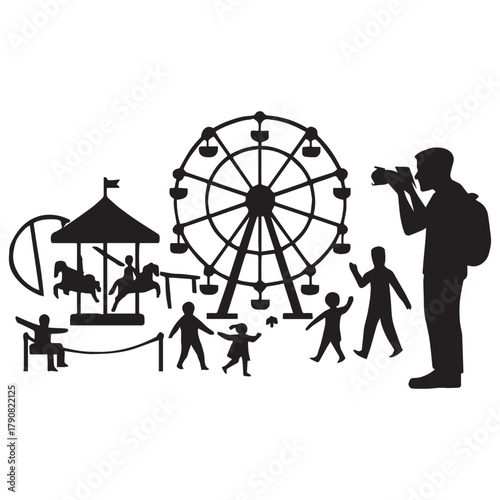 Black silhouette of an amusement park scene featuring carousel, Ferris wheel, swing ride, and playful figures—capturing joy, family fun, and lively entertainment.