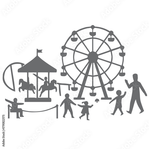 Grayscale silhouette of a lively fairground scene featuring Ferris wheel, carousel, swing set, slide, and playful figures—capturing family fun, social joy, and festive entertainment.