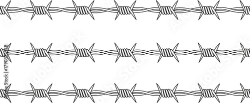 Barbed wire seamless pattern design, sharp metal fence protection border illustration, security danger symbol vector, industrial steel wire outline drawing
