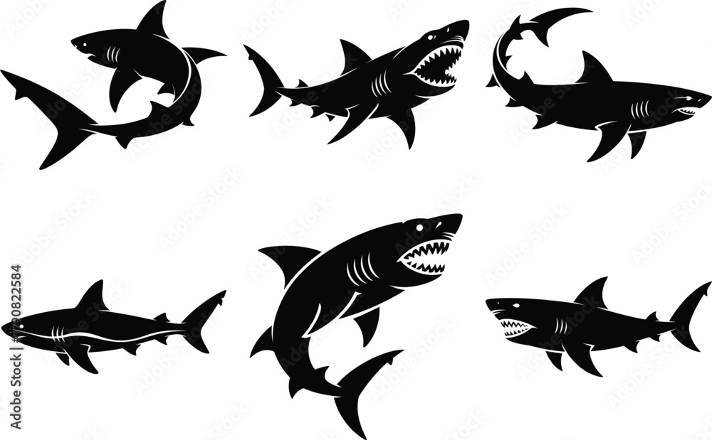 Fototapeta premium Shark Silhouette Vector Illustration - Marine Animal Underwater Art. Ocean Predator Sea Life, Great White Shark, Shark Fin, Swimming Shark, Dangerous Shark Design. Sea Creature and Marine Life Clipart