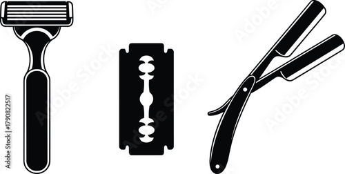 Set of shaving tools vector illustration, straight razor, safety blade, modern shaver icon, grooming equipment silhouette, barber and personal care design