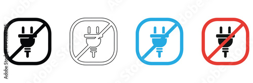 Discover essential prohibition symbols featuring power plug icons in black, outline, blue, and red alert styles for clear communication and safety guidelines.