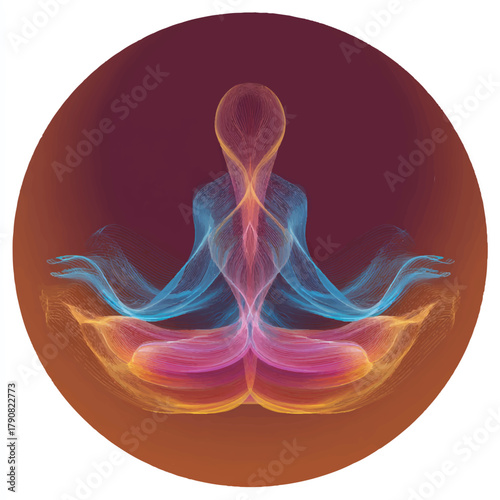 Abstract Meditating Figure Digital Artwork Colorful Lines in Lotus Position Yoga Meditation Spiritual Growth Wellness Wellbeing Inner Peace Relaxation Mindfulness Creative Design