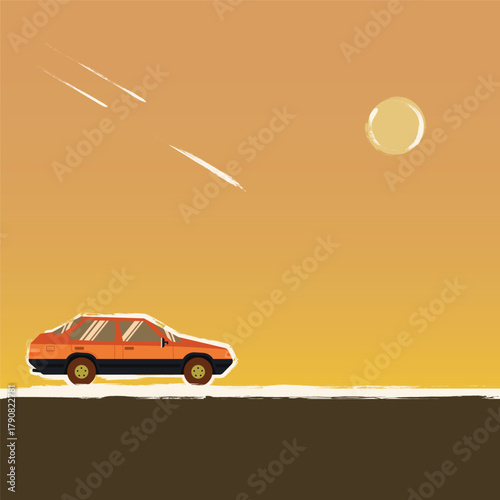 Vector illustration of a red car driving on an open road during a warm sunset