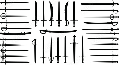 Collection of ancient sword silhouettes, medieval weapon designs, black blade shapes, historical combat tools, vintage armory illustration, traditional battle sword vector set