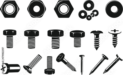Set of metal screws, bolts, nuts, and washers, realistic black silhouette icons, industrial hardware tools, mechanical fastener collection vector illustration