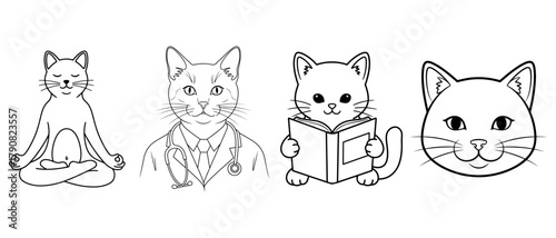 Cute cat illustrations vector  line art characters doctor meditating reading simple face isolated on white background