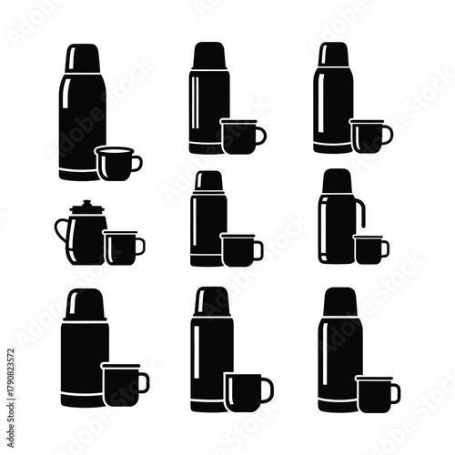 Collection of thermos flasks and cups in black color