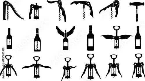 Collection of wine bottle openers and corkscrews, vintage and modern bar tools, black silhouette icons, professional equipment, detailed vector illustration