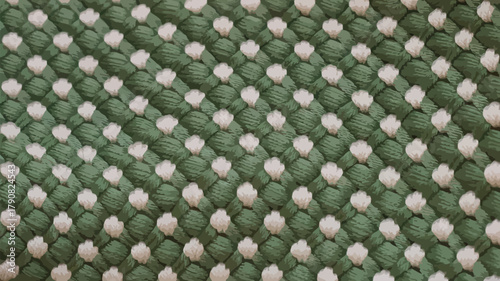 Close up of green woven fabric with white dots creating a textured pattern across the entire frame