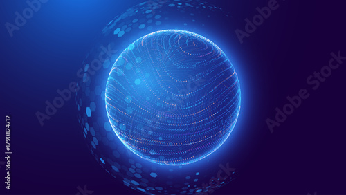 Tech Neon Lines Energy Orb. 3D Sphere Science Globe With Abstract Glowing Lines Representing Microbiology, Cell Research, or Nanotechnology On Dark Blue Background. Vector Illustration.