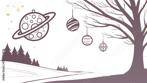 Snowy Winter Forest with Space Christmas Ornaments Vector, Illustration of a snowy winter forest scene with a planet-themed Christmas ornament and other baubles hanging from a bare tree