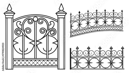 Ornate Wrought Iron Fence Gate Designs Vector Illustration, Ornate wrought iron fence and gate designs with intricate scrollwork and spiked tops