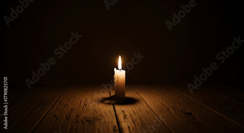 A single candle burning brightly on a wooden surface illuminating the surrounding darkness softly around it