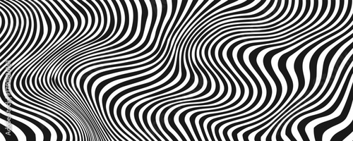 Black and white abstract background. Waves shape decoration. Optical illusion stripes style. Modern graphic design element with distorted lines concept for web, poster, flyer, card cover, or brochure