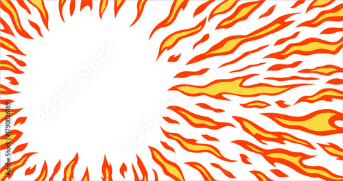 Ring Yellow Fire Flame Pattern on White Background. Creative abstract Fiery Frame in Cartoon Anime Style. Vector Fire Texture