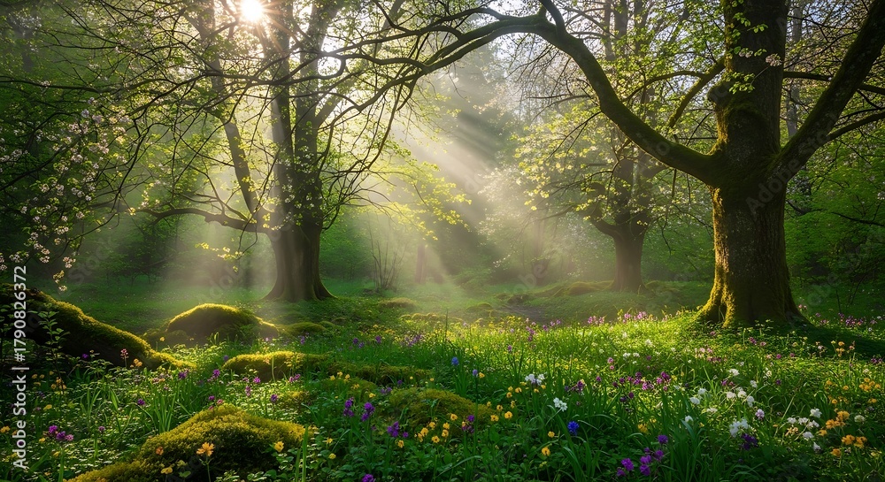 Fototapeta premium Enchanting Forest Sunlight Rays Through Trees.