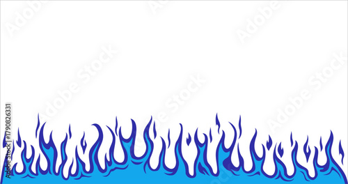 Ring Blue Fire Flame Pattern on White Background. Creative abstract Fiery Frame in flat Anime Style. Vector Blue Fire Texture