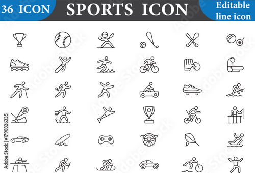 Sports icon set with editable line