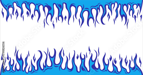 Ring Blue Fire Flame Pattern on White Background. Creative abstract Fiery Frame in flat Anime Style. Vector Blue Fire Texture