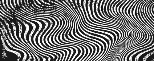 Black and white abstract background. Waves shape decoration. Optical illusion stripes style. Modern graphic design element with distorted lines concept for web, poster, flyer, card cover, or brochure