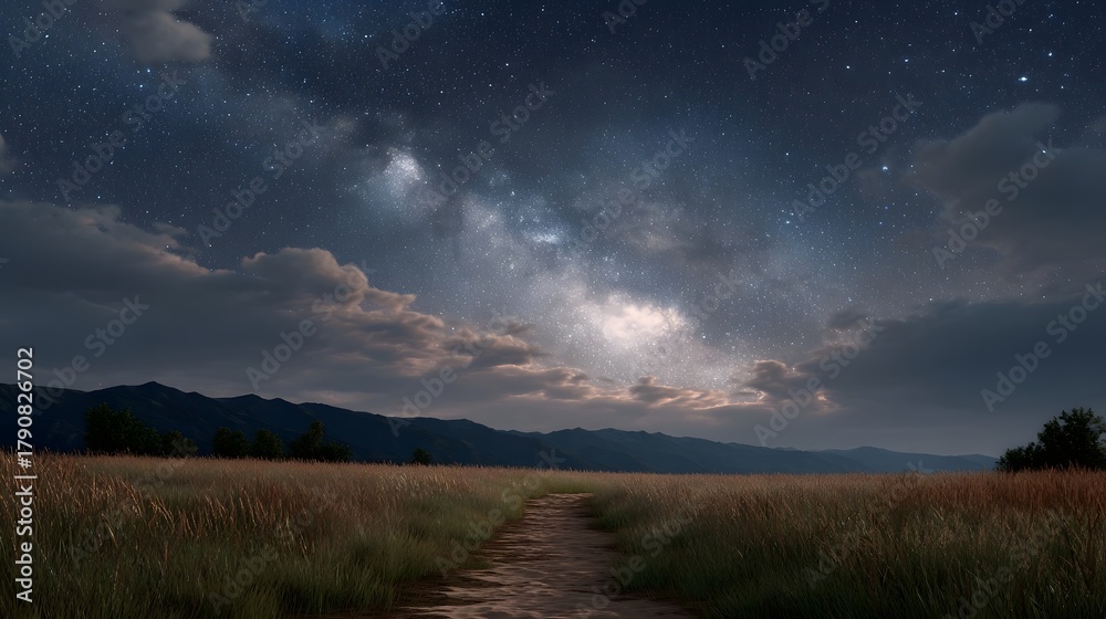 Fototapeta premium A solitary path winds through a grassy field under a dramatic starry sky with the Milky Way visible