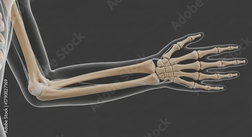 Artistic depiction of the human arm skeleton structure on a neutral background